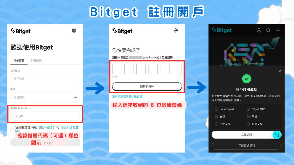 Bitget 开户注册步骤二：电子信箱 Email 和验证 + 绑定推荐码是：#