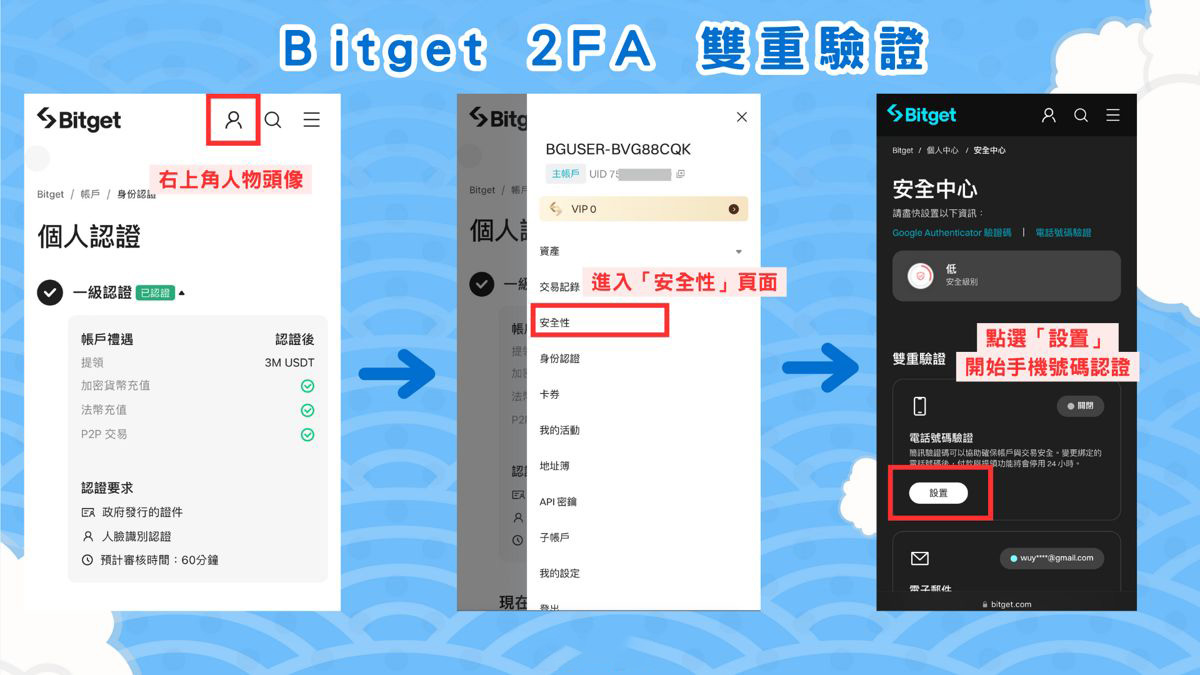 Bitget 设定 2FA 双重验证步骤一：绑定手机认证